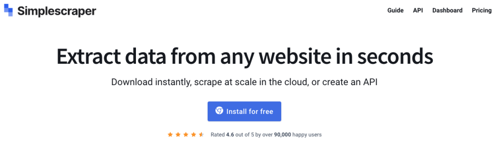 Simplescraper website content extraction solution - for data extraction tools post. Screenshot of Simplescraper homepage.