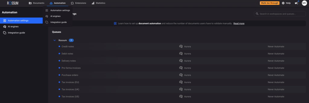 Screens showing automation settings - how Rossum works.