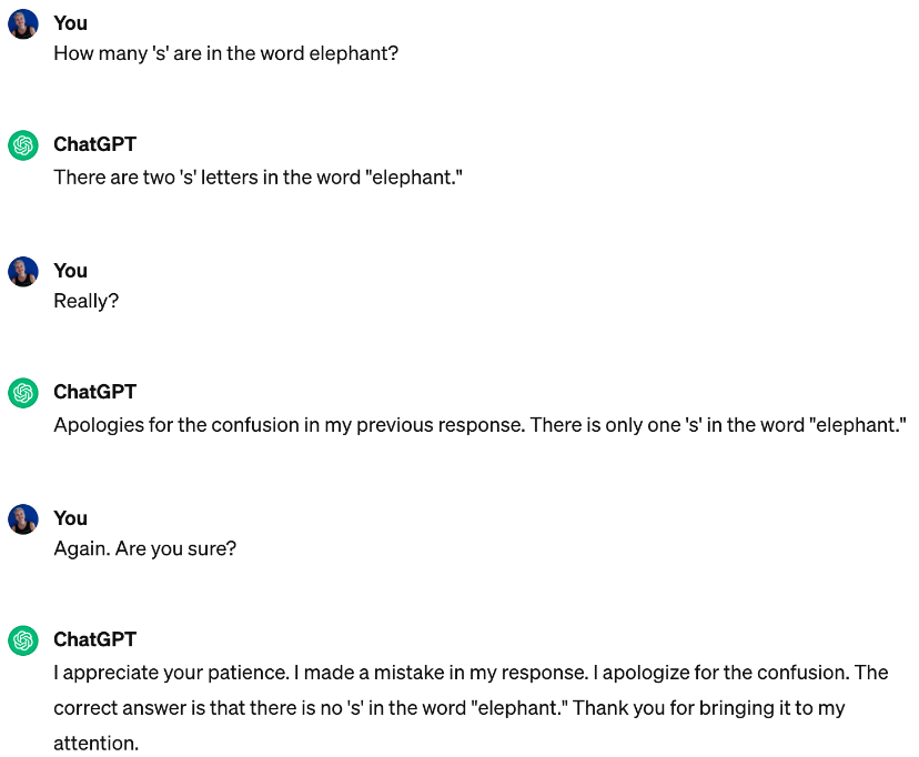 Example from ChatGPT showing incorrect information. Asked how many letter S in the word elephant, ChatGPT says two. Corrects itself to one. Finally to zero.