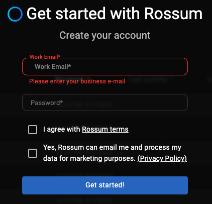Get started with Rossum. Email request form, with password field.