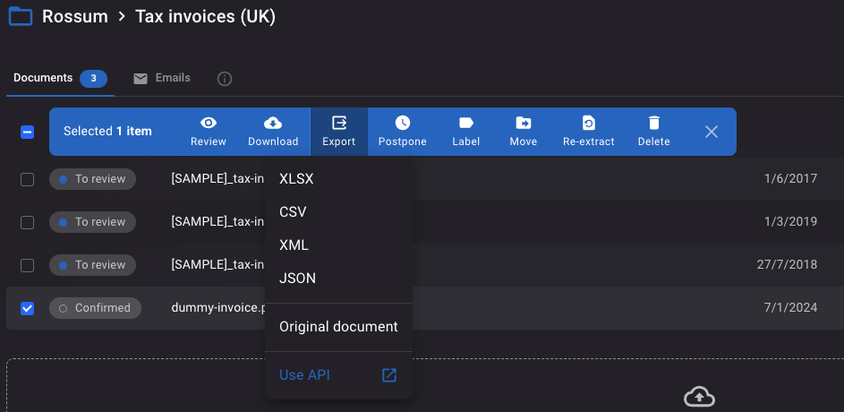Export data Export the data to your ERP or accounting system.