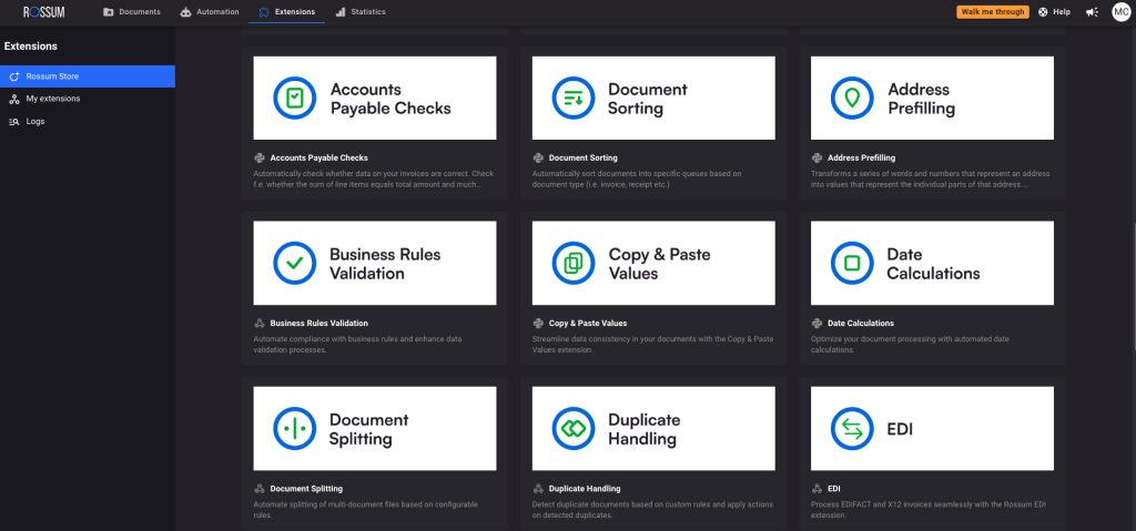 Extensions included in the Rossum platform. Includes Approval Workflows, Business Rules Validation, Value Mapping, Find & Replace Values, PO Matching with Line Items.