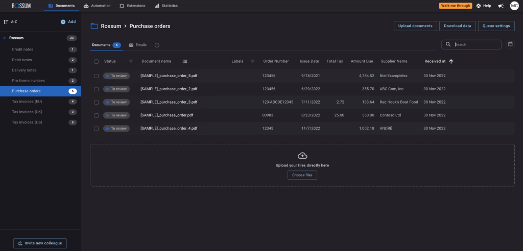Opening screen of the Rossum platform, following registration or your account.