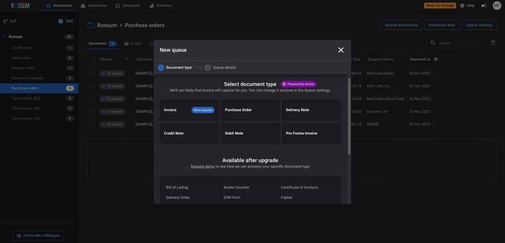 How Rossum works - creating a new queue. Choose your document type.
