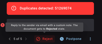 Red alert box showing which invoice is a duplicate.