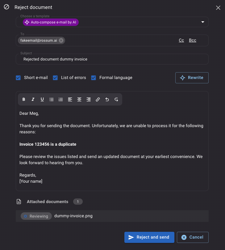 Rejection email composed by Rossum Aurora AI.