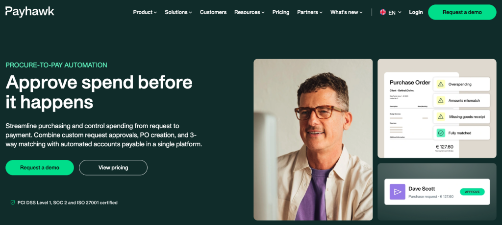 Payhawk homepage. Person looking at a screen, with image of a purchase order.