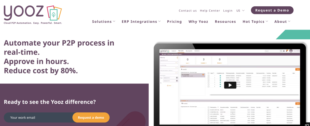Yooz homepage - procure-to-pay automation solution. Includes video of the Yooz platform.