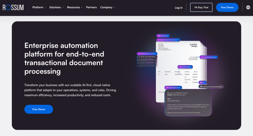 Rossum website. Automated invoice extraction in seconds. Leading invoice automation software.