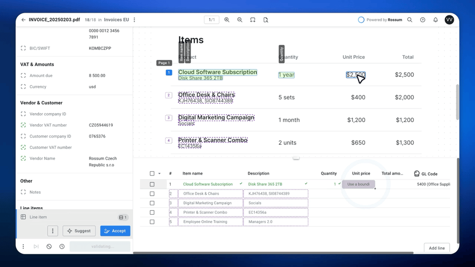 Rossum's AI agent platform automatically inferring the GL code for each line item.