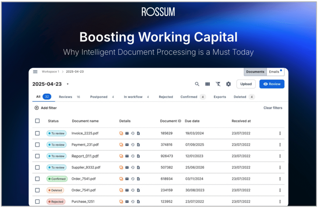 Rossum webinar - working capital optimization. Why intelligent document processing is a must today. Rossum platform showing a list of documents - POs, invoices, etc. - ready for review, deletion, confirmation.
