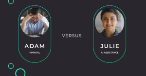 Data entry specialist Adam can't keep up with AI Associate Julie.