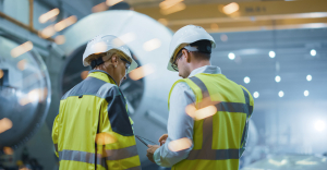 Construction professionals using document automation solution on tablet