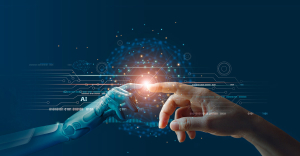 a robot hand touching forefinger with a human hand, with network and AI references overlaid.