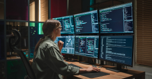 Person sat in front of multiple screens, displaying dark data.