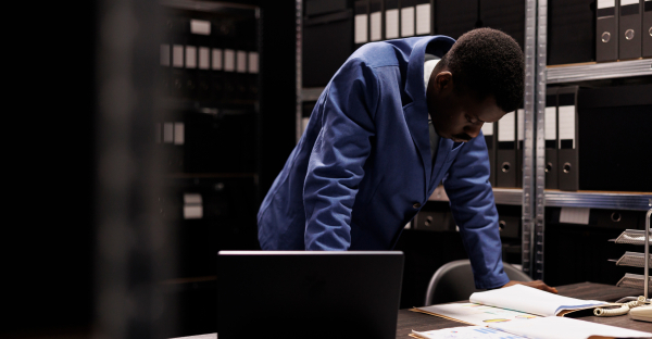 Person manually checking documents, with a laptop by their side. Document fraud detection software would speed up the process.