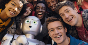 Smiling humans surrounding a robot, to represent AI agent skills working in harmony with human capabilities.