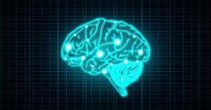 Concept of Intelligence with Human Brain on Blue Background