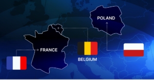 Map of Europe highlighting France, Poland, and Belgium to indicate upcoming e-invoicing mandates.