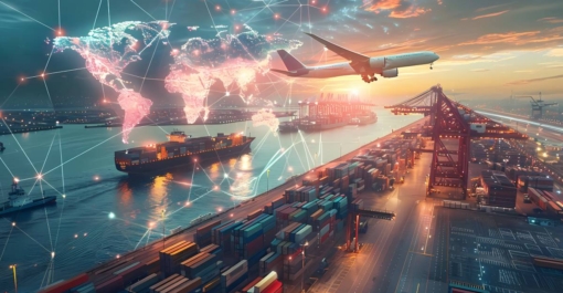 IDP in wholesale distribution. Map of world superimposed over trucks, cargo ships, planes.