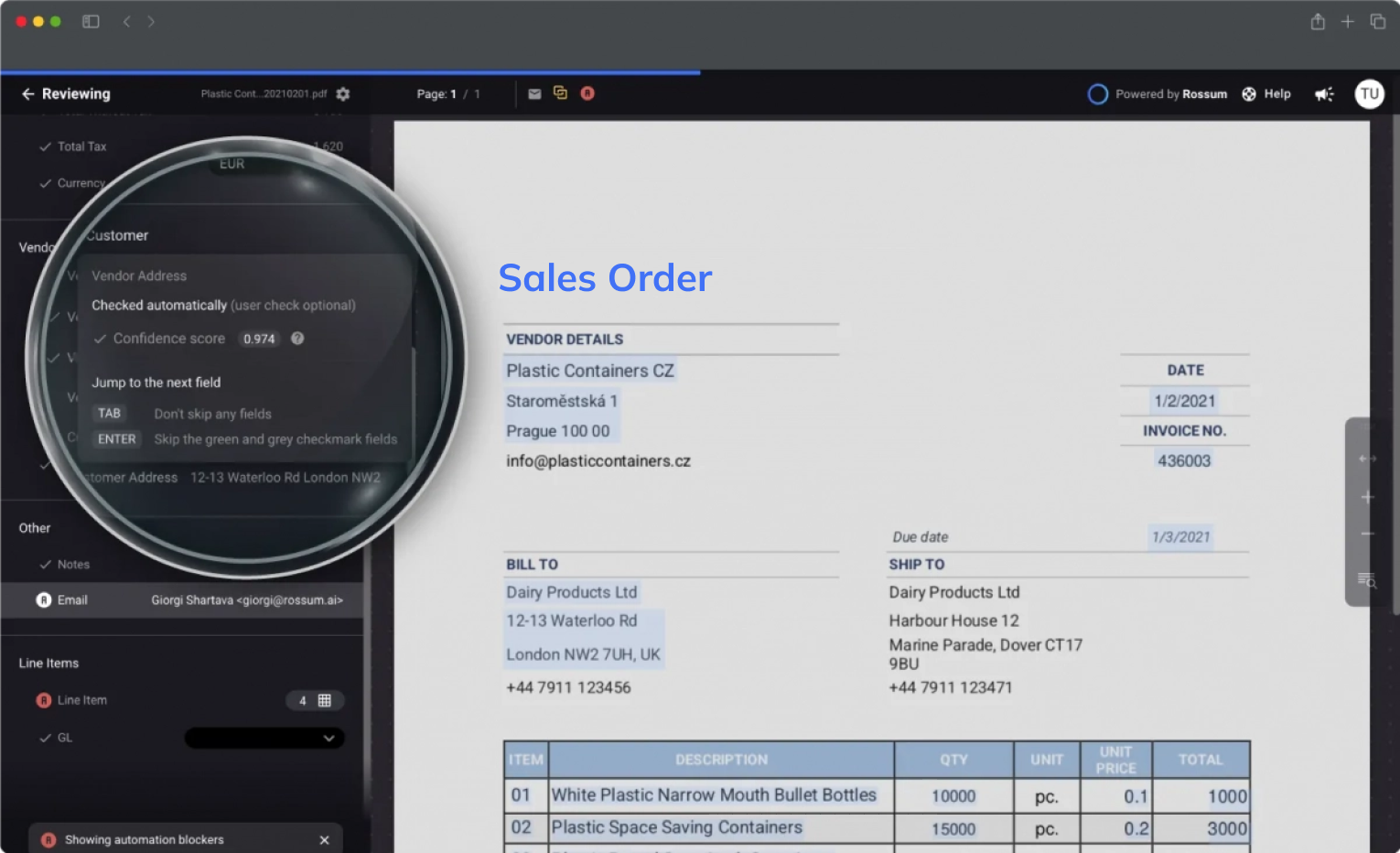 Sales order automation with Rossum