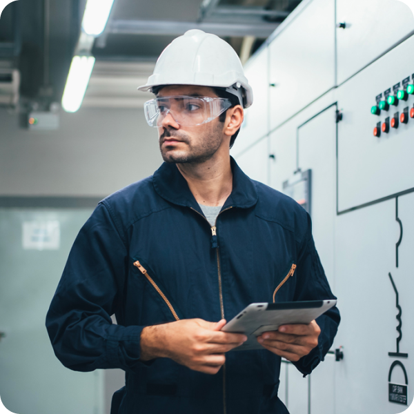 manufacturing process management software shows a person wearing goggles and hard hat in a server room