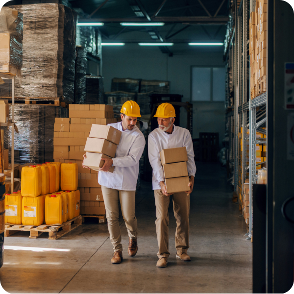 Construction document management software with two people carrying boxes walking through a warehouse.