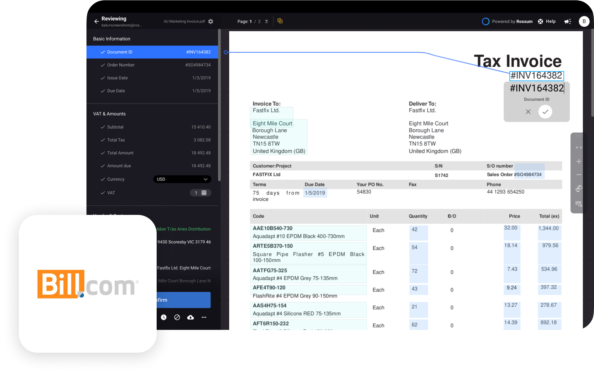 Bill.com + rossum integration